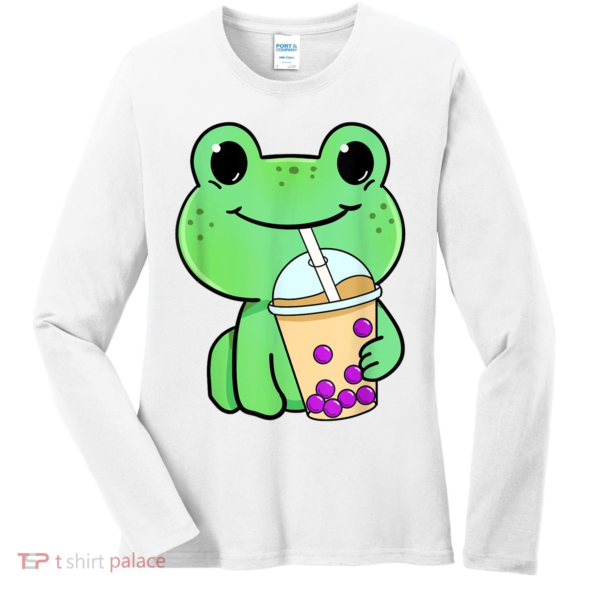Frog Drinking Bubble Tea Women's Long Sleeve Shirt
