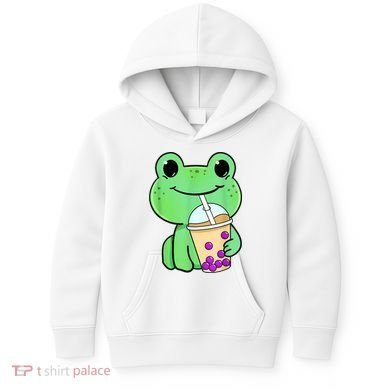 Frog Drinking Bubble Tea Kids Hoodie