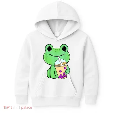 Frog Drinking Bubble Tea Kids Hoodie