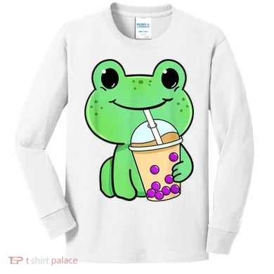 Frog Drinking Bubble Tea Kids Long Sleeve Shirt