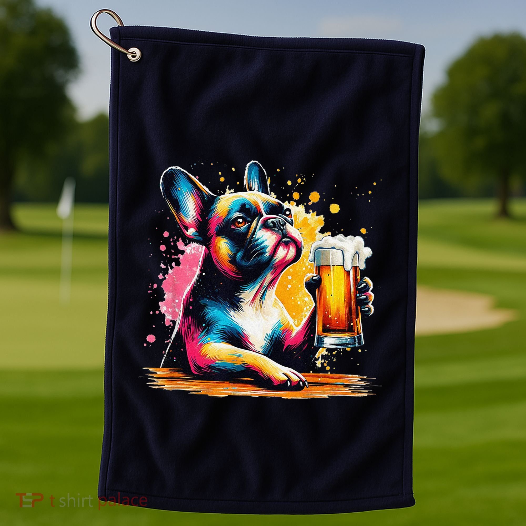 French Dog Beer Drinker Funny French Bulldog Golf Towel