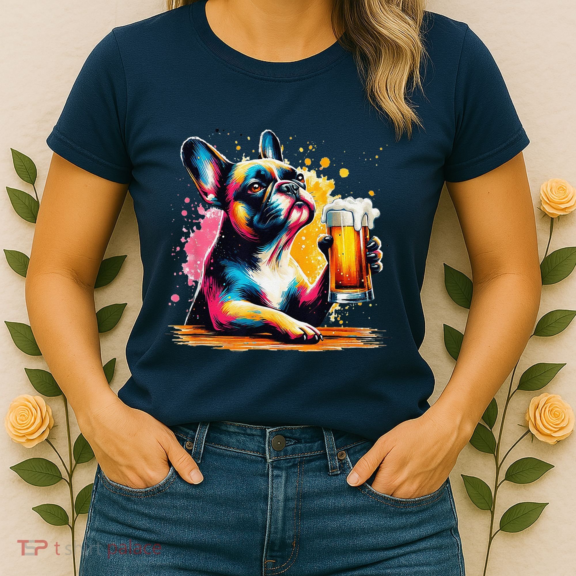 French Dog Beer Drinker Funny French Bulldog Women's T-Shirt