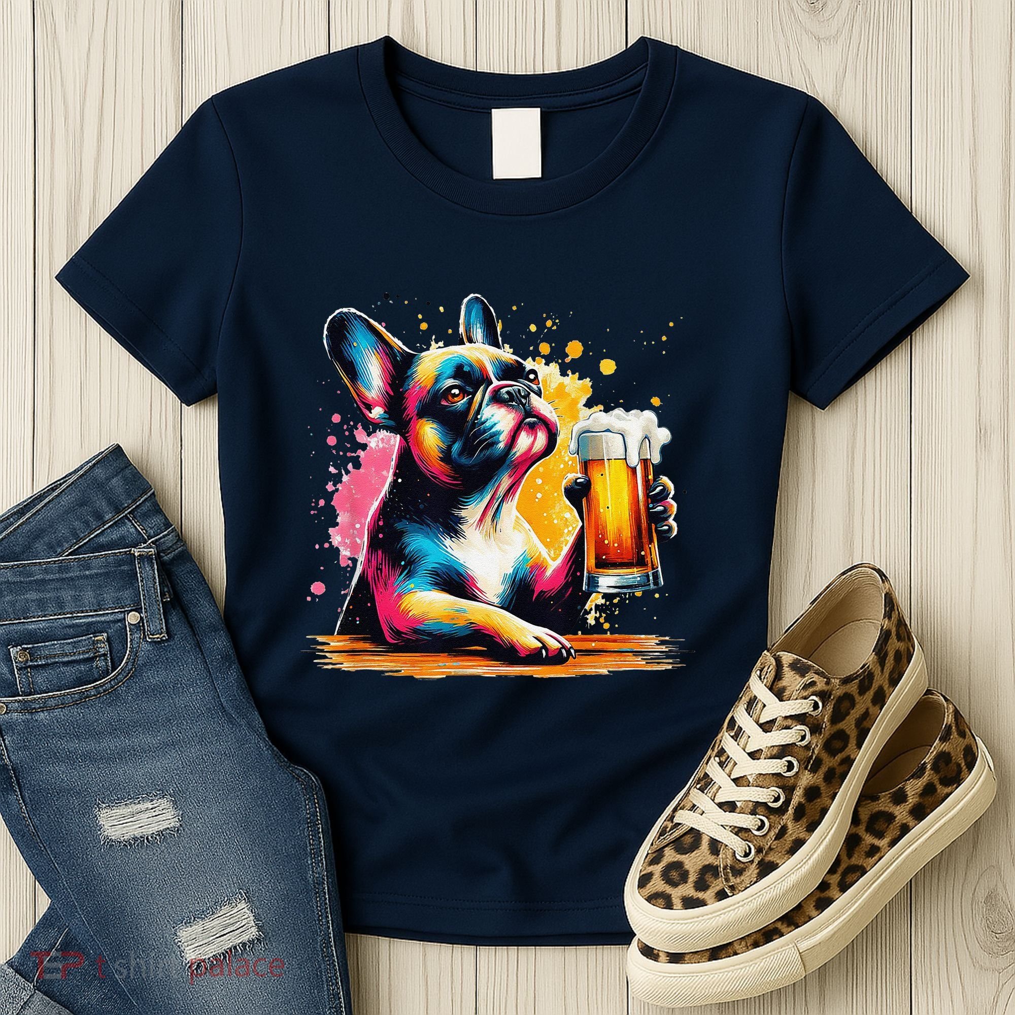 French Dog Beer Drinker Funny French Bulldog Women's T-Shirt