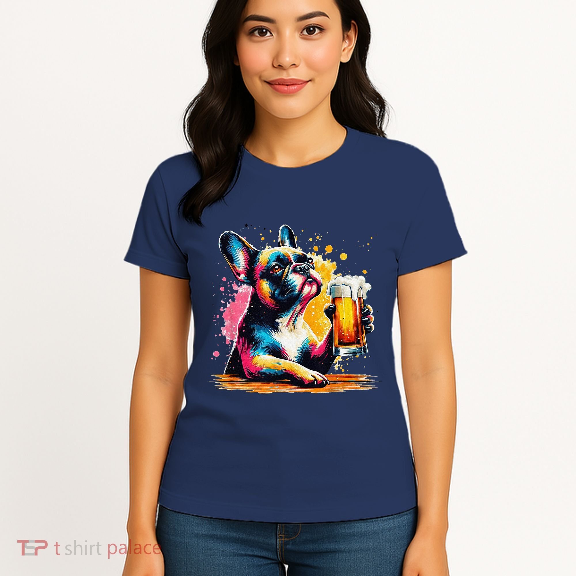 French Dog Beer Drinker Funny French Bulldog Women's T-Shirt