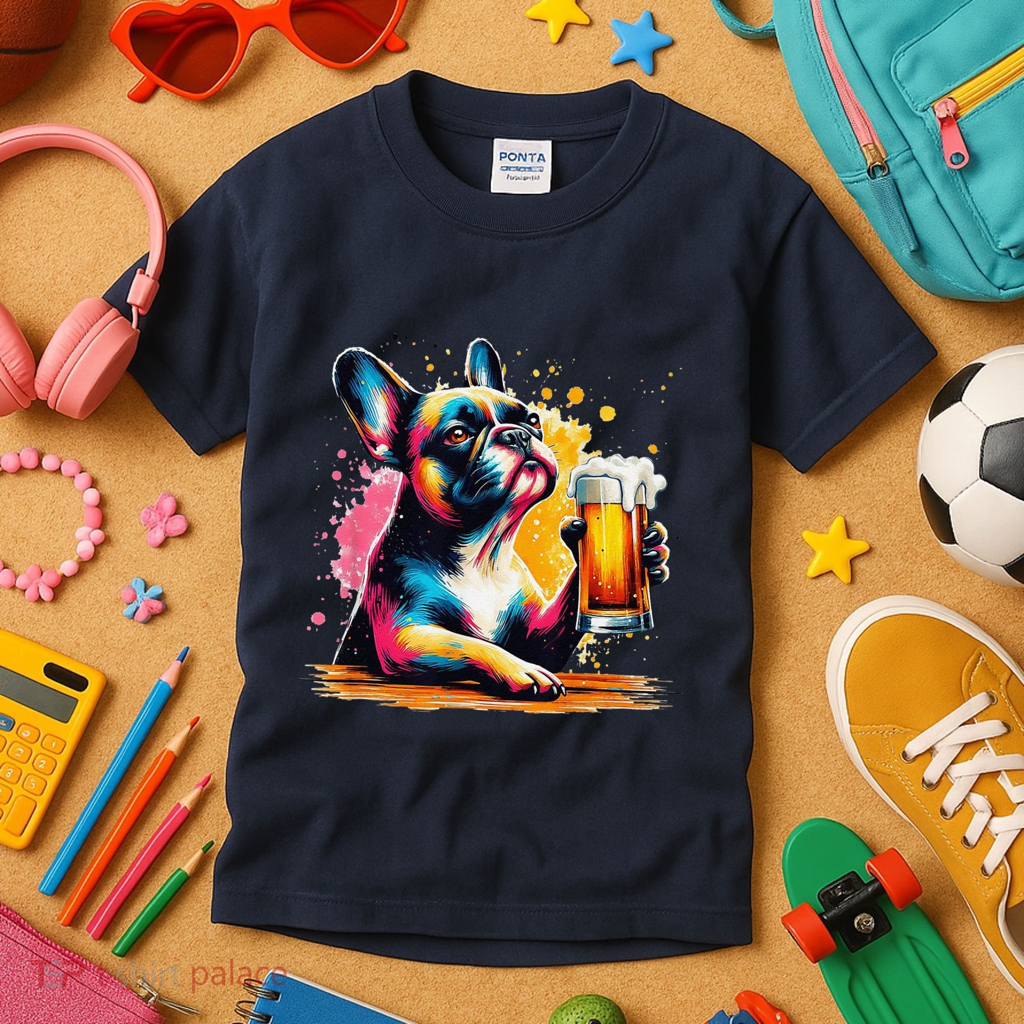 French Dog Beer Drinker Funny French Bulldog Kids T-Shirt