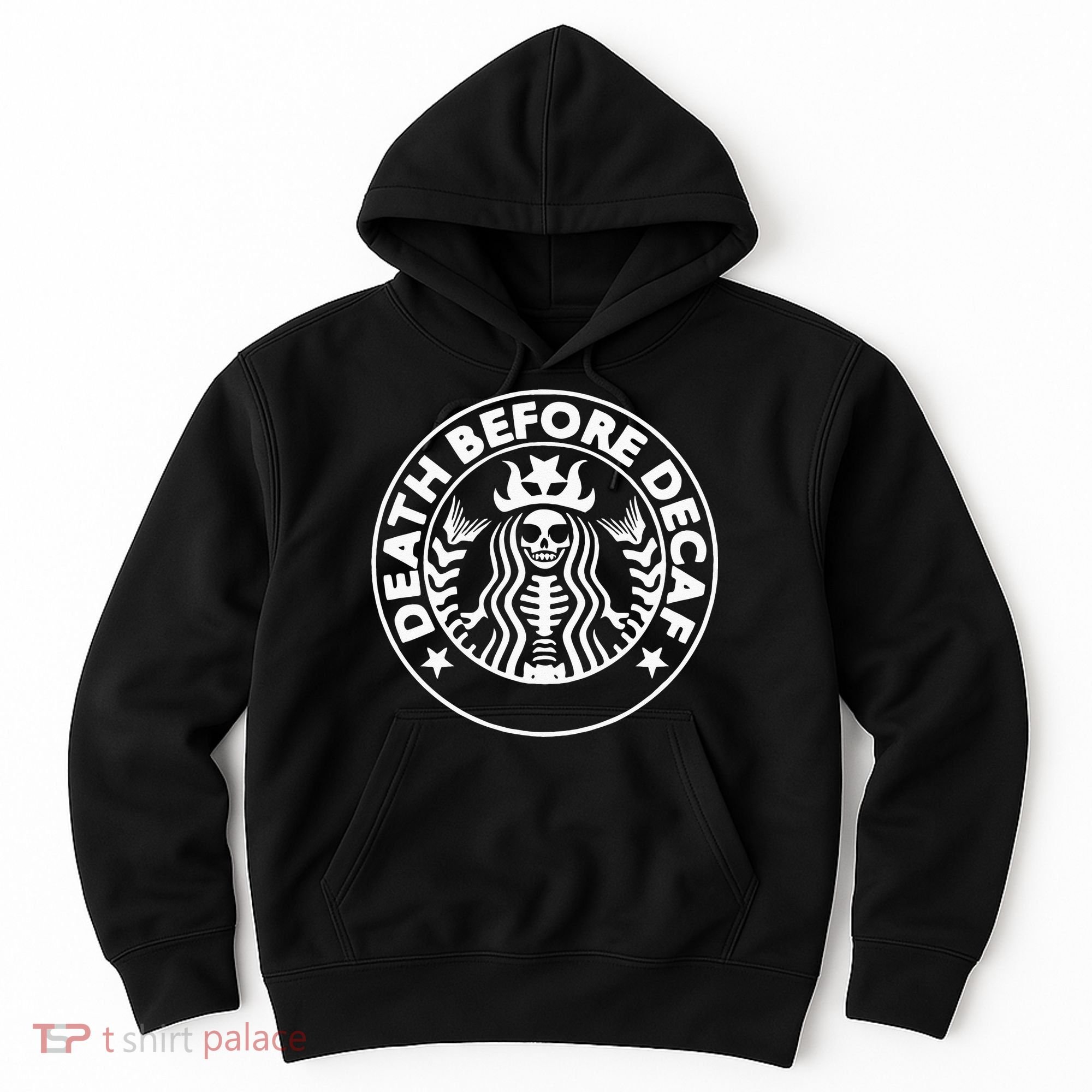 Funny Death Before Decaf Gift Cozy Coffee Lover Skeleton Hoodie