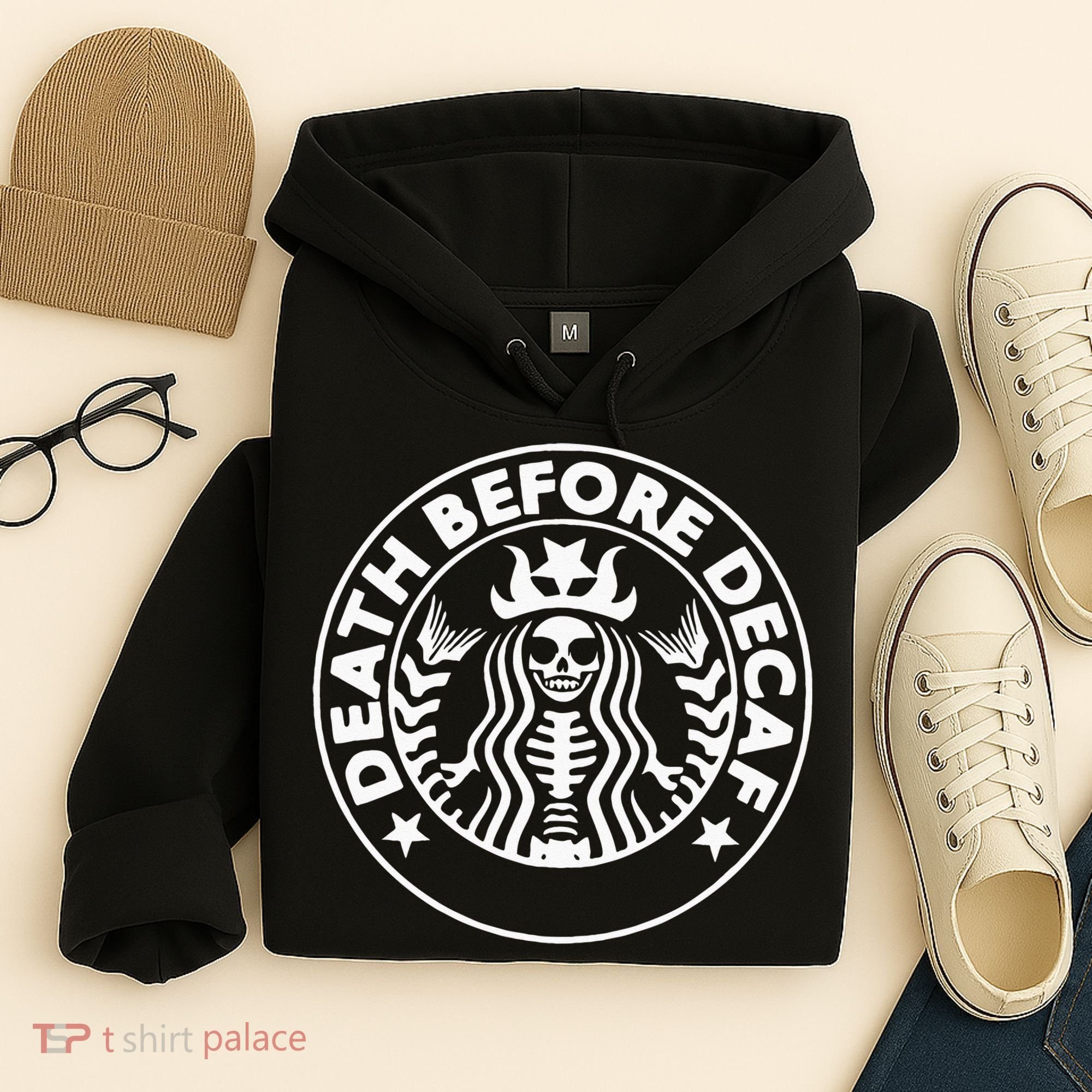 Funny Death Before Decaf Gift Cozy Coffee Lover Skeleton Hoodie