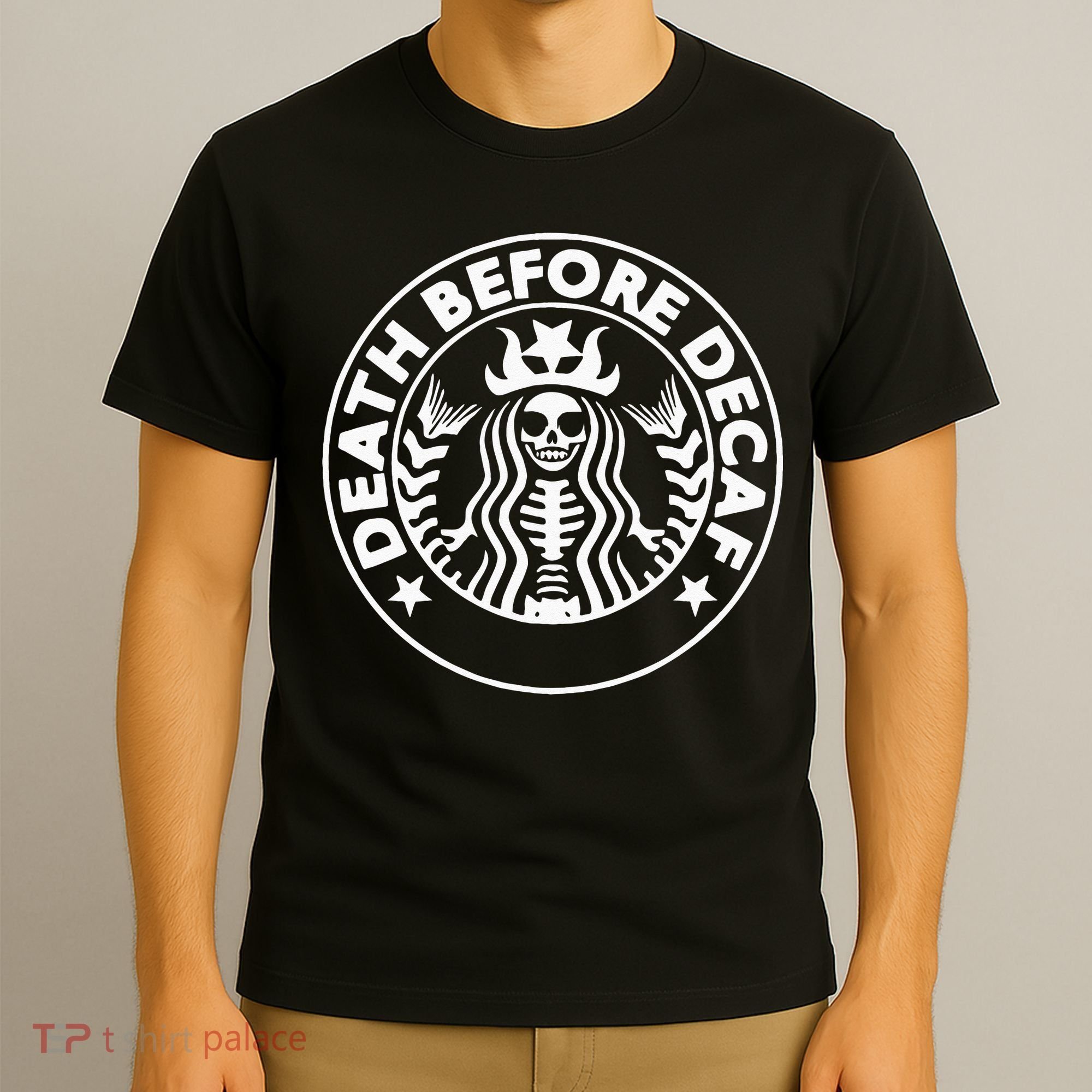 Funny Death Before Decaf Gift Cozy Coffee Lover Skeleton T-Shirt