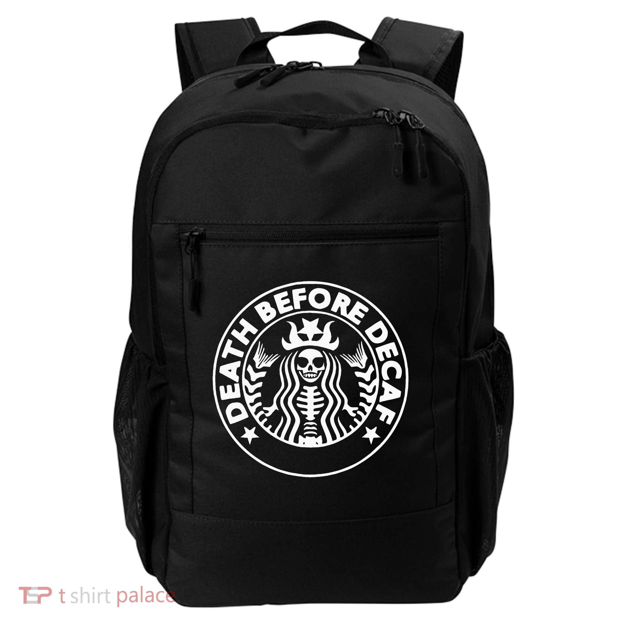 Funny Death Before Decaf Gift Cozy Coffee Lover Skeleton Backpack