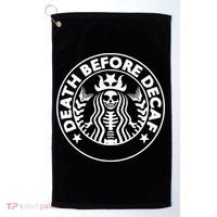 Funny Death Before Decaf Gift Cozy Coffee Lover Skeleton Golf Towel thumb 0