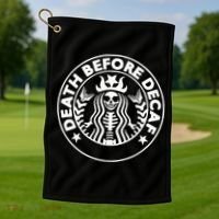 Funny Death Before Decaf Gift Cozy Coffee Lover Skeleton Golf Towel thumb 1