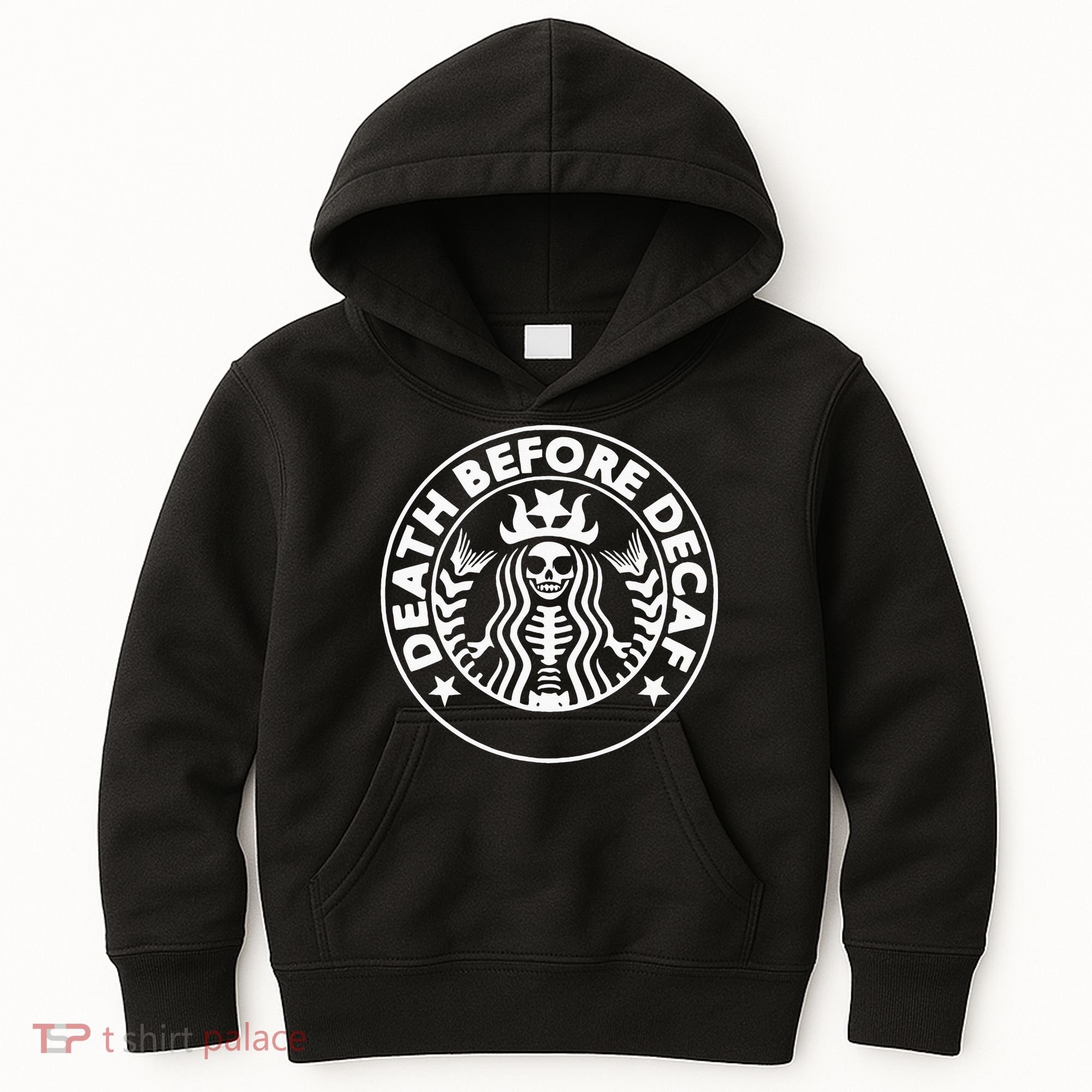 Funny Death Before Decaf Gift Cozy Coffee Lover Skeleton Kids Hoodie