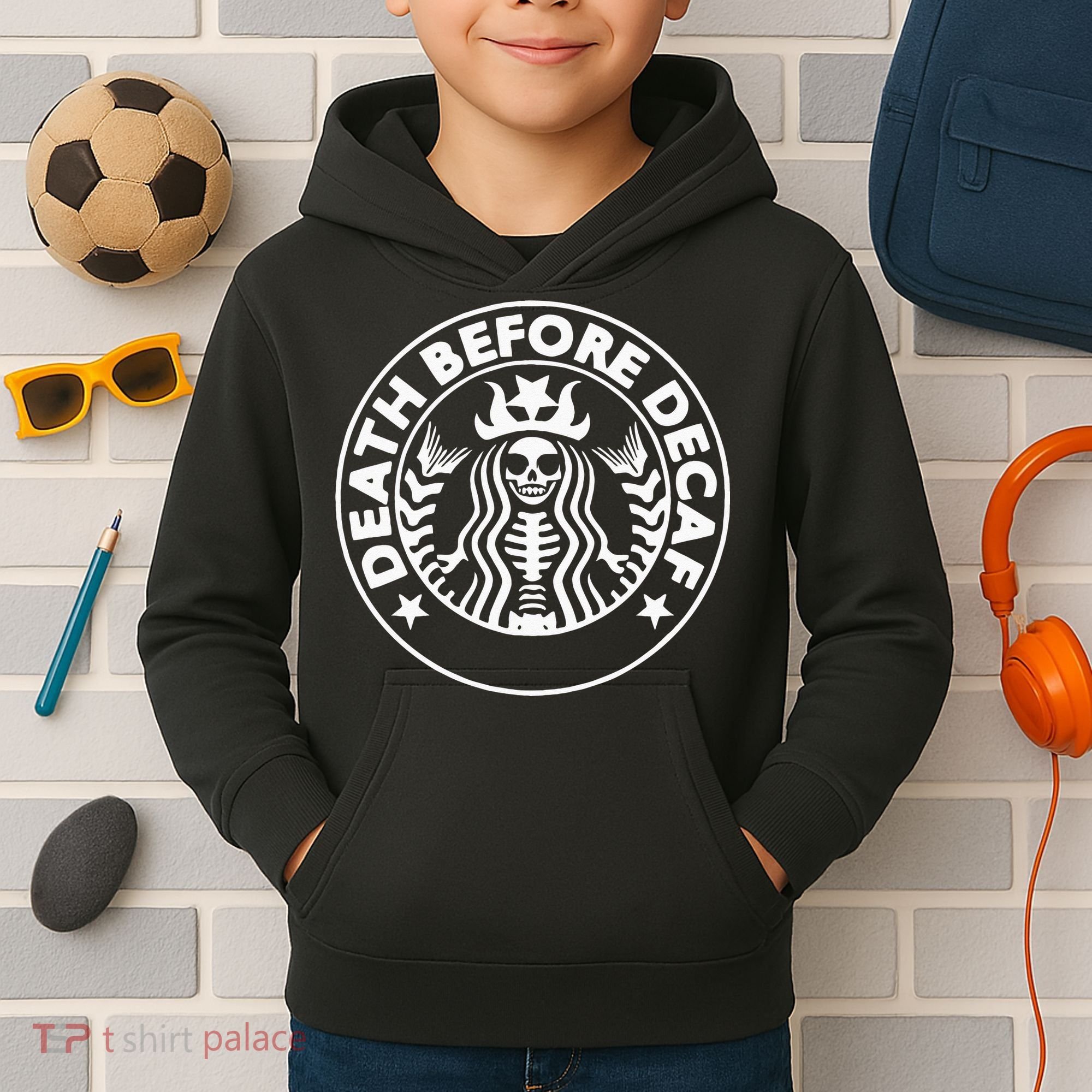 Funny Death Before Decaf Gift Cozy Coffee Lover Skeleton Kids Hoodie