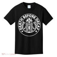 Funny Death Before Decaf Gift Cozy Coffee Lover Skeleton Kids T-Shirt thumb 0