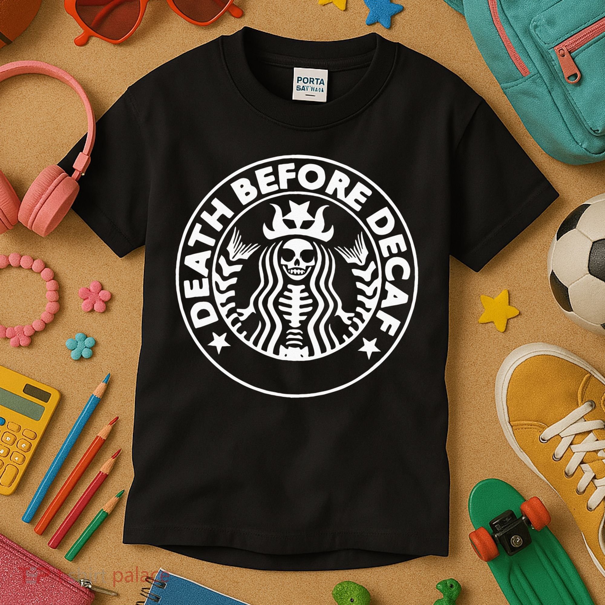Funny Death Before Decaf Gift Cozy Coffee Lover Skeleton Kids T-Shirt