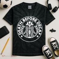 Funny Death Before Decaf Gift Cozy Coffee Lover Skeleton Kids Tie-Dye T-Shirt thumb 2