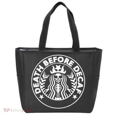 Funny Death Before Decaf Gift Cozy Coffee Lover Skeleton Tote Bag