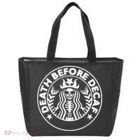 Funny Death Before Decaf Gift Cozy Coffee Lover Skeleton Tote Bag thumb 0