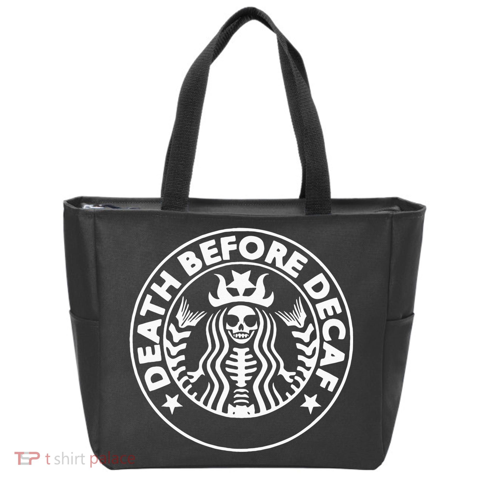 Funny Death Before Decaf Gift Cozy Coffee Lover Skeleton Tote Bag