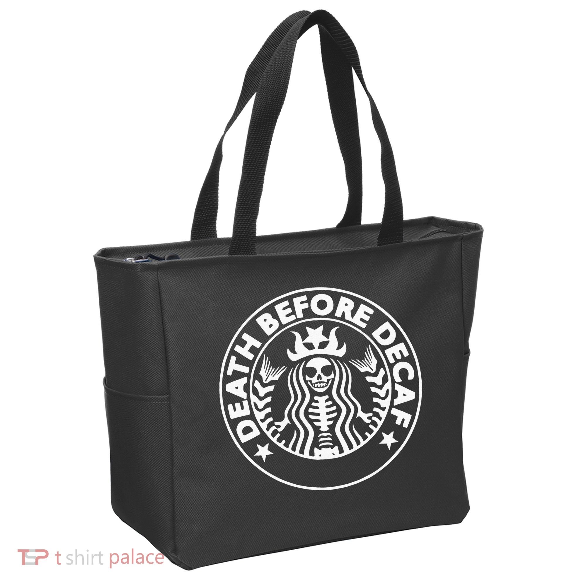 Funny Death Before Decaf Gift Cozy Coffee Lover Skeleton Tote Bag