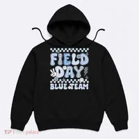 Field Day Blue Team Groovy Smile Face Checkered Students Hoodie thumb 0