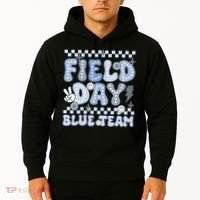 Field Day Blue Team Groovy Smile Face Checkered Students Hoodie thumb 2