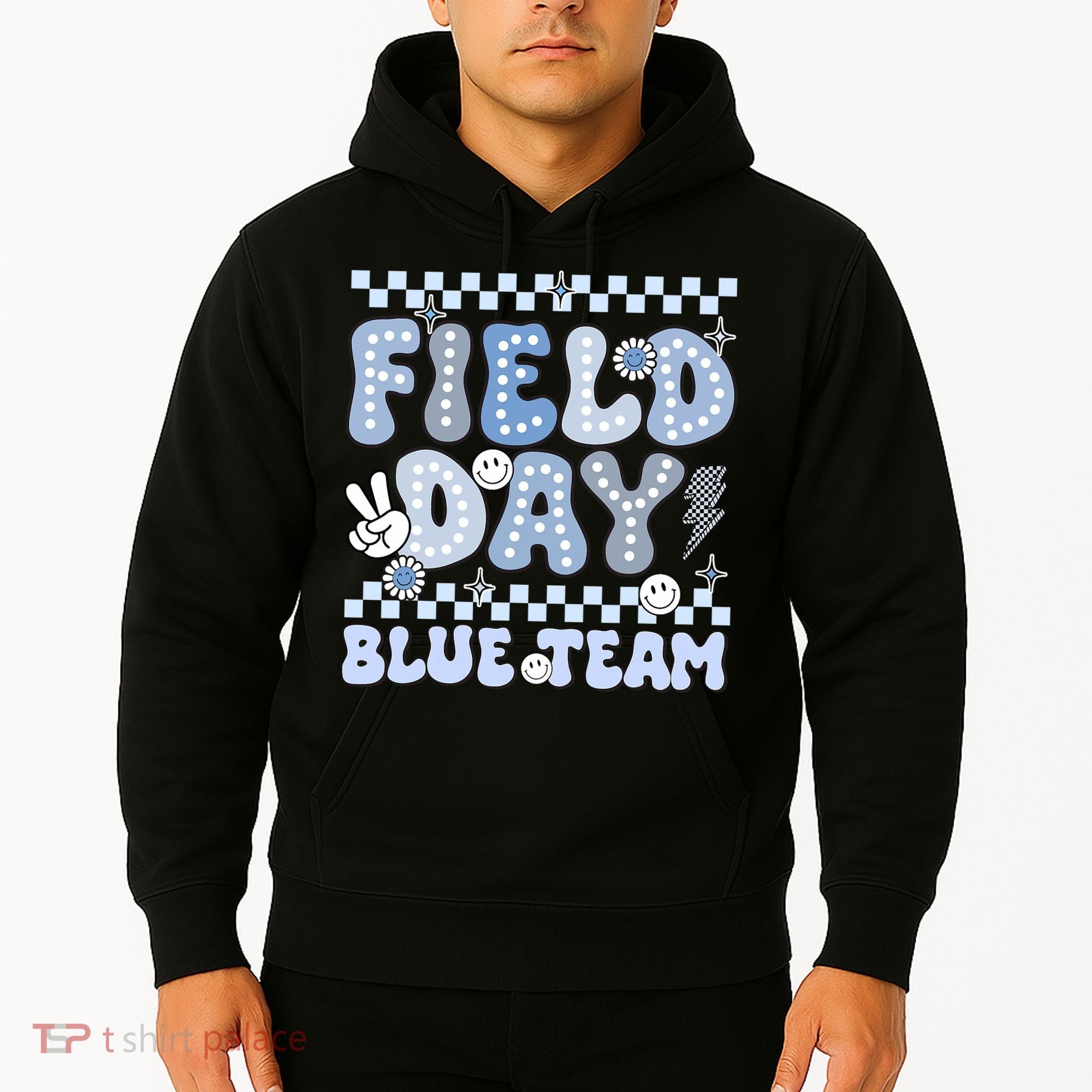 Field Day Blue Team Groovy Smile Face Checkered Students Hoodie