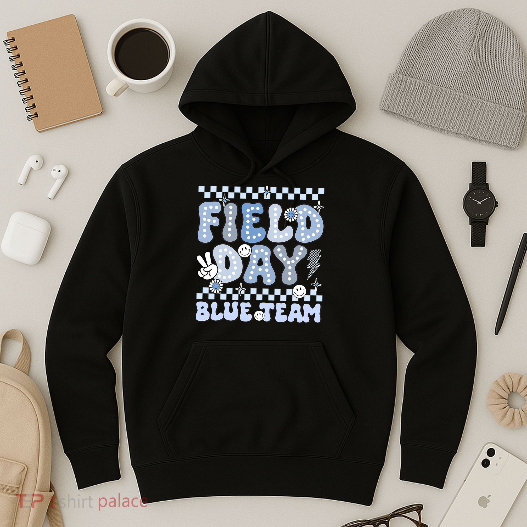 Field Day Blue Team Groovy Smile Face Checkered Students Hoodie