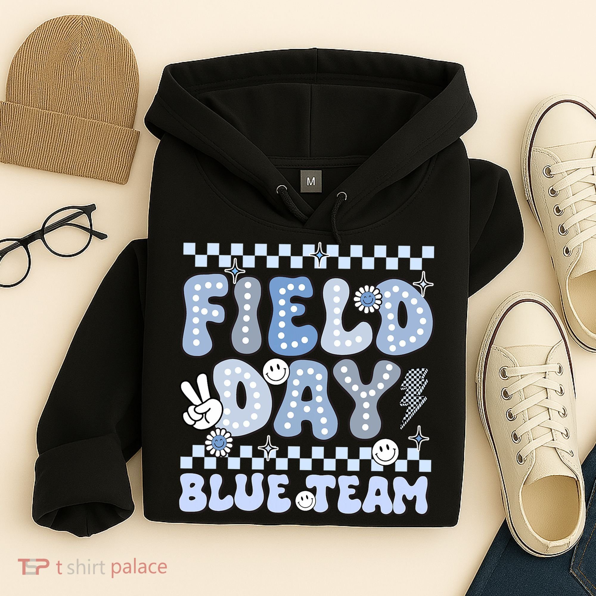 Field Day Blue Team Groovy Smile Face Checkered Students Hoodie