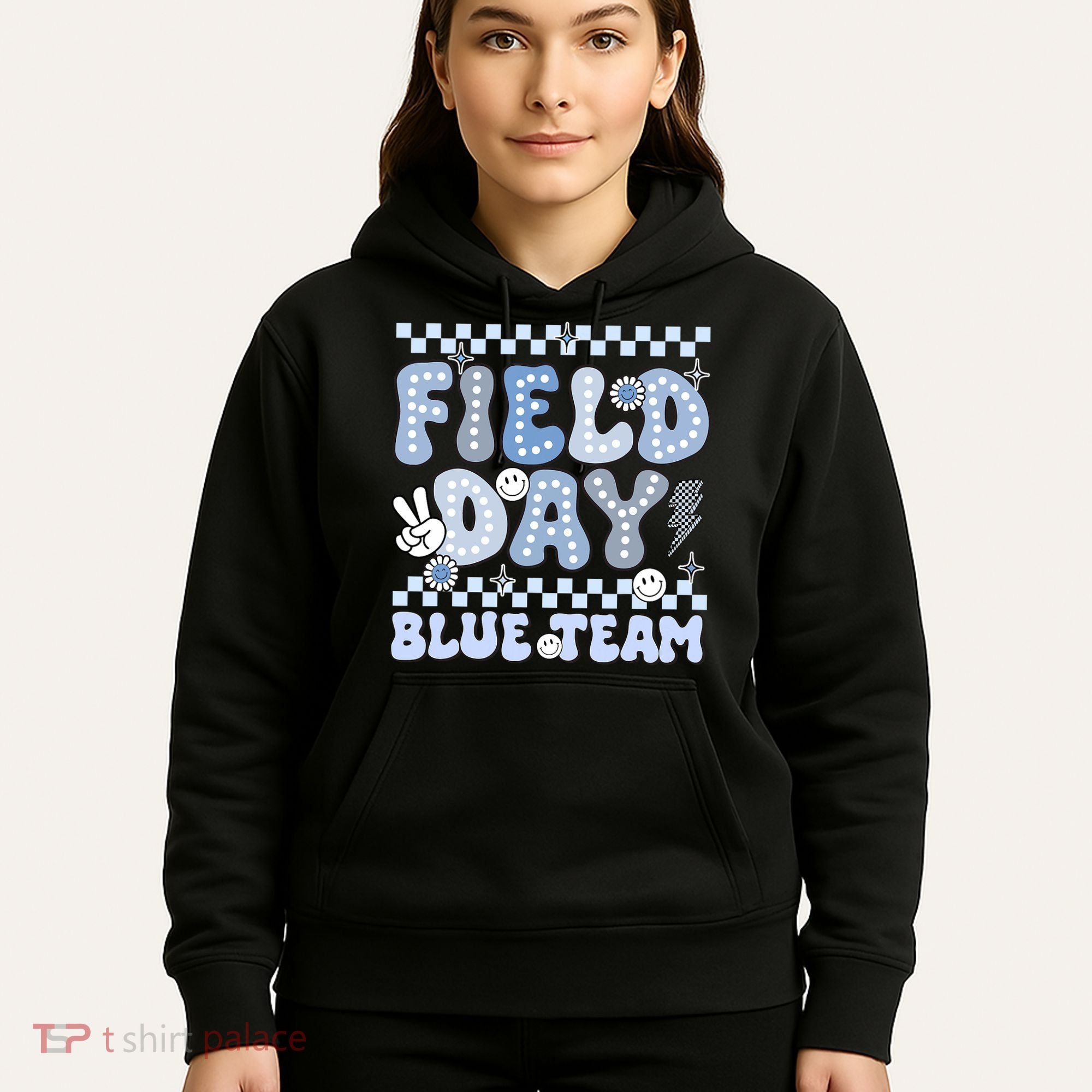 Field Day Blue Team Groovy Smile Face Checkered Students Hoodie
