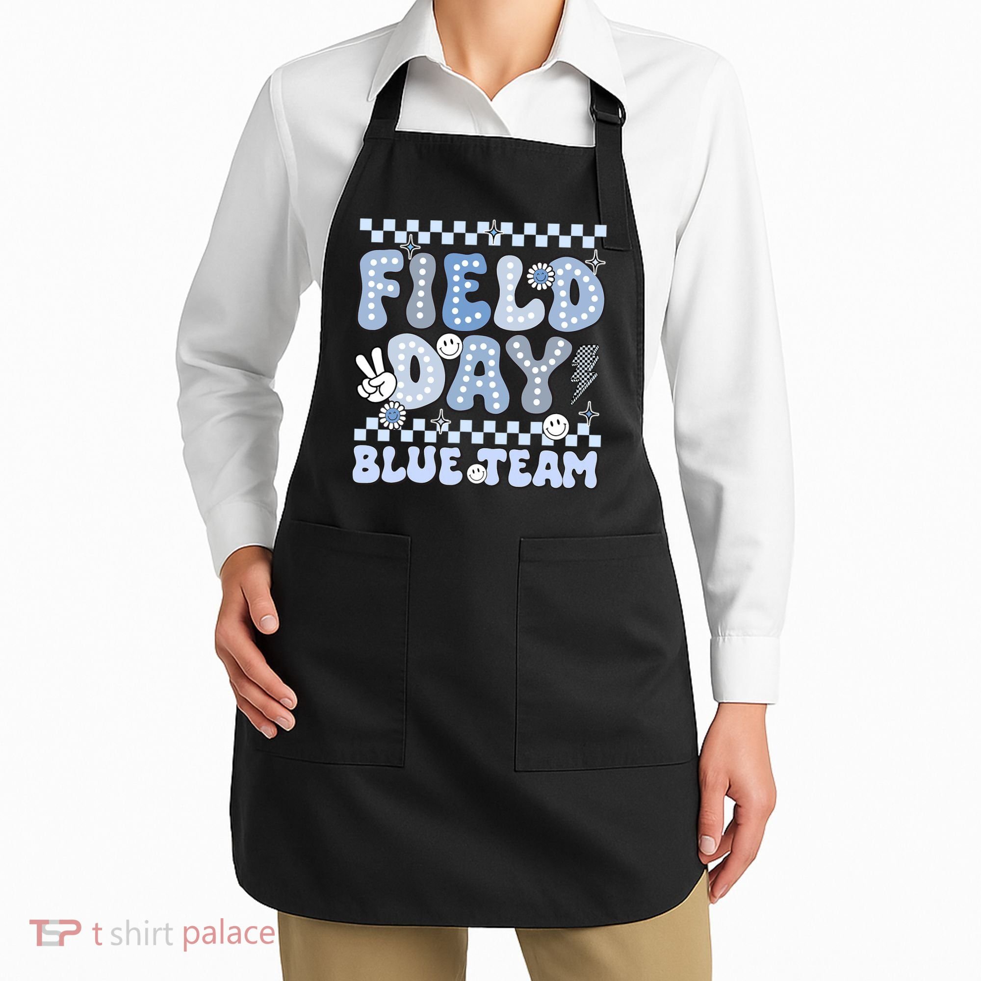 Field Day Blue Team Groovy Smile Face Checkered Students Apron