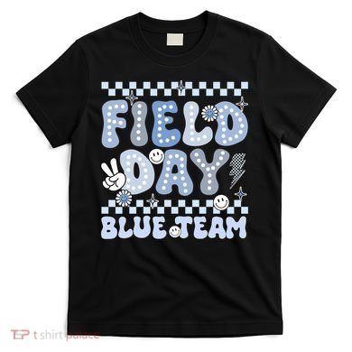 Field Day Blue Team Groovy Smile Face Checkered Students T-Shirt