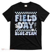Field Day Blue Team Groovy Smile Face Checkered Students T-Shirt thumb 0