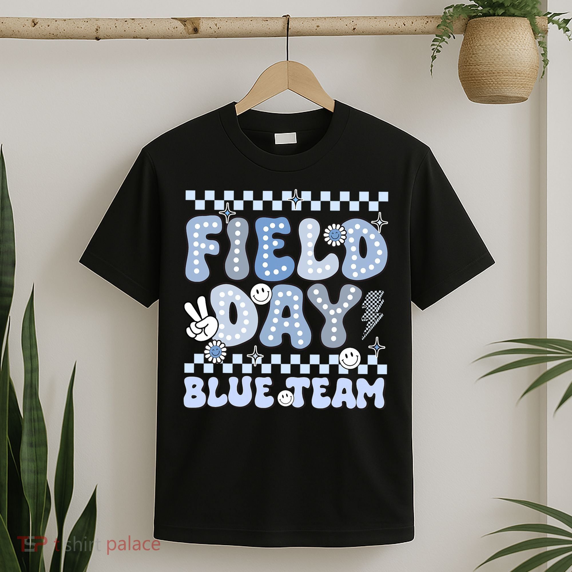 Field Day Blue Team Groovy Smile Face Checkered Students T-Shirt