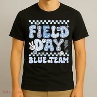 Field Day Blue Team Groovy Smile Face Checkered Students T-Shirt thumb 3