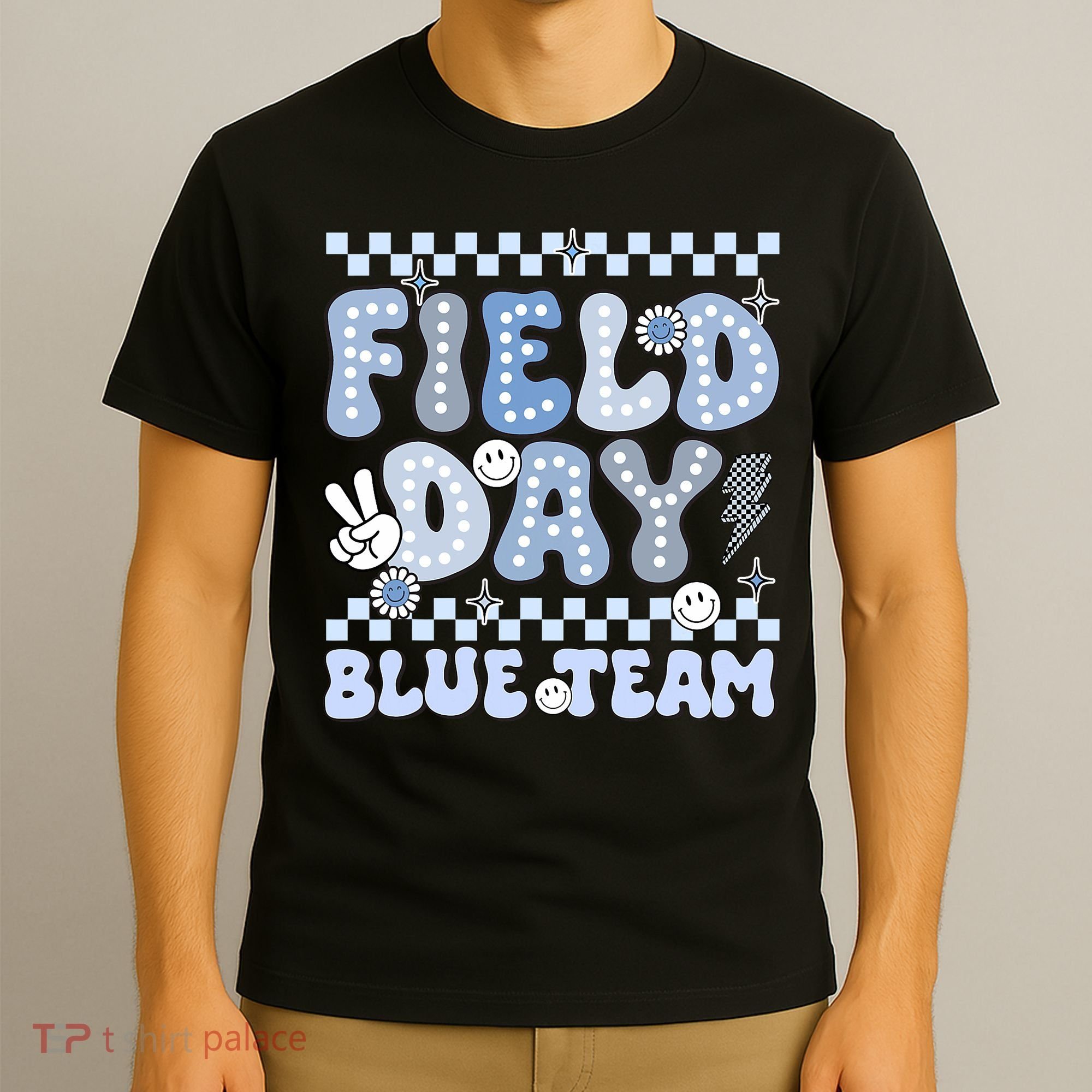 Field Day Blue Team Groovy Smile Face Checkered Students T-Shirt