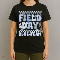 Field Day Blue Team Groovy Smile Face Checkered Students T-Shirt thumb 4