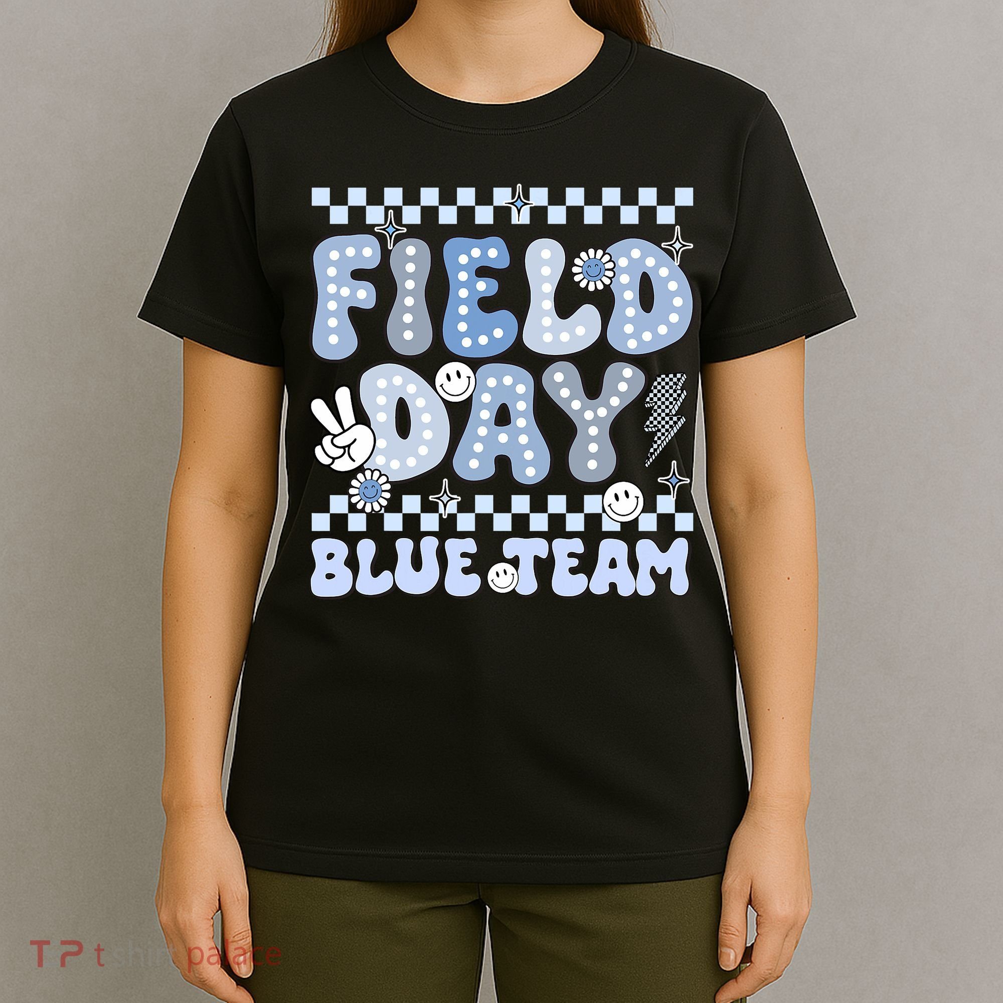 Field Day Blue Team Groovy Smile Face Checkered Students T-Shirt