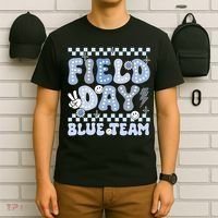 Field Day Blue Team Groovy Smile Face Checkered Students T-Shirt thumb 6