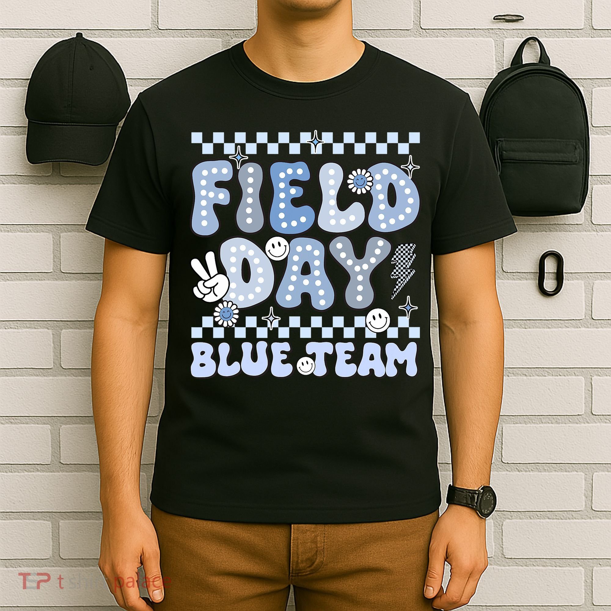 Field Day Blue Team Groovy Smile Face Checkered Students T-Shirt