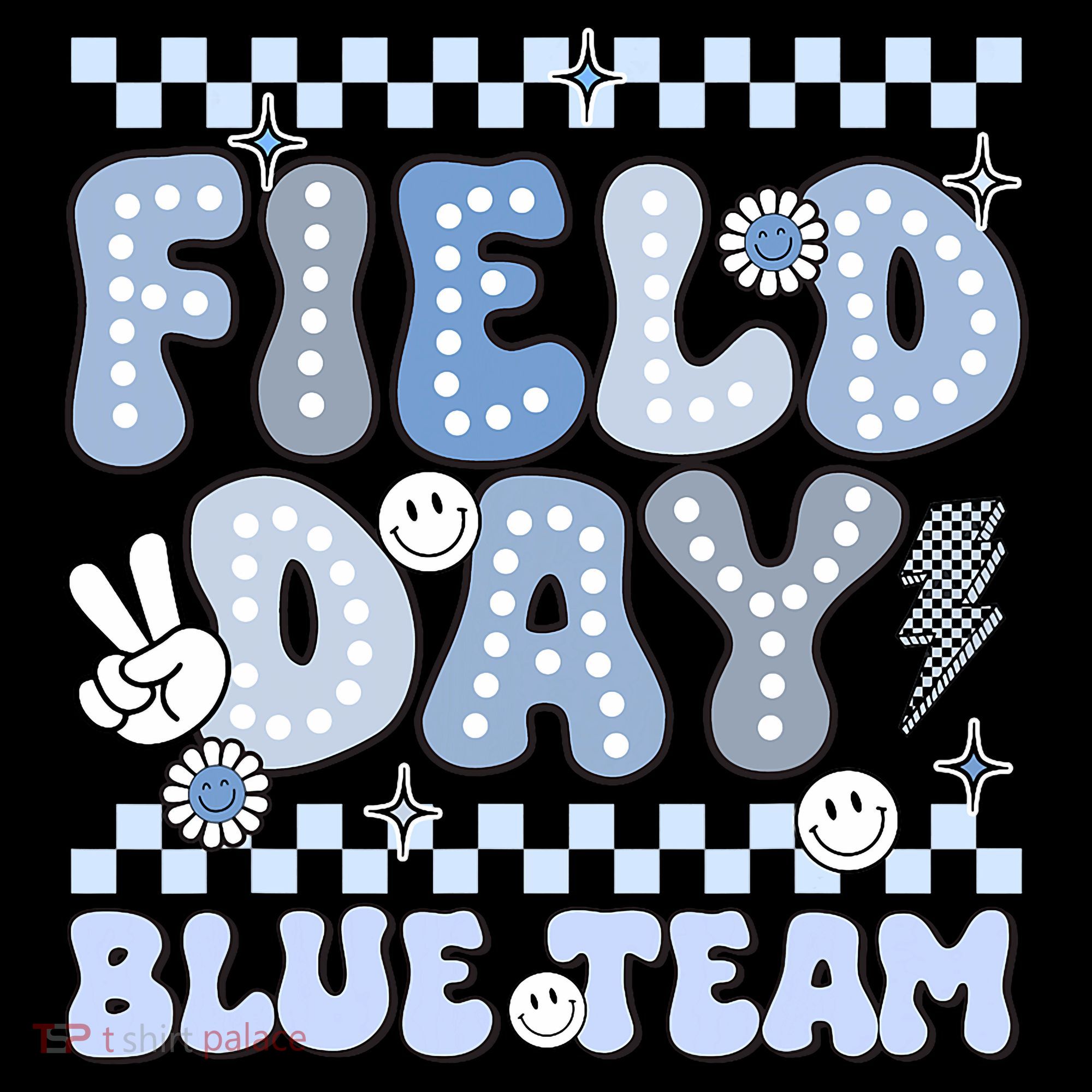 Field Day Blue Team Groovy Smile Face Checkered Students T-Shirt