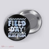 Field Day Blue Team Groovy Smile Face Checkered Students Button thumb 0