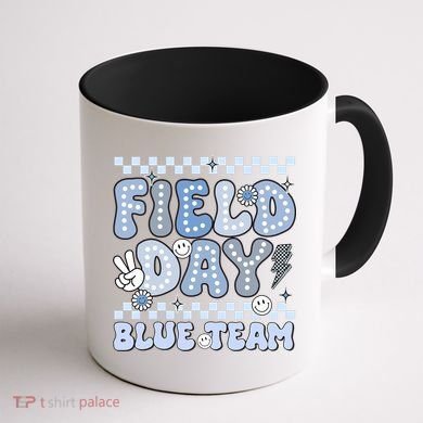 Field Day Blue Team Groovy Smile Face Checkered Students Coffee Mug back