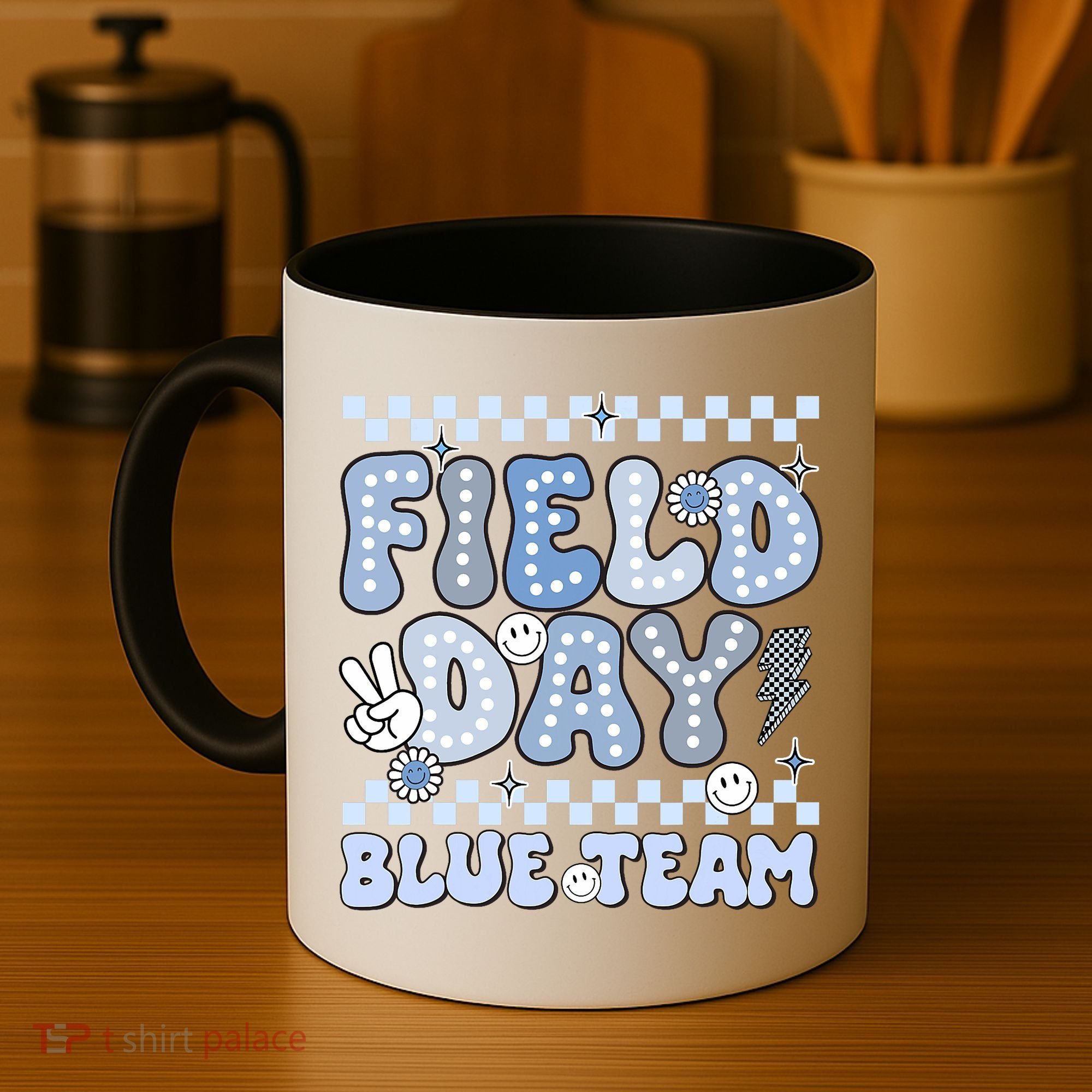 Field Day Blue Team Groovy Smile Face Checkered Students Coffee Mug