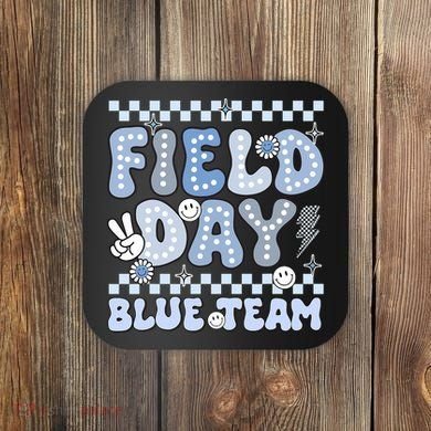 Field Day Blue Team Groovy Smile Face Checkered Students Coaster