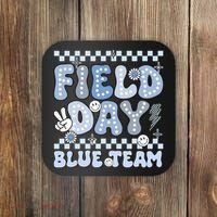 Field Day Blue Team Groovy Smile Face Checkered Students Coaster thumb 0