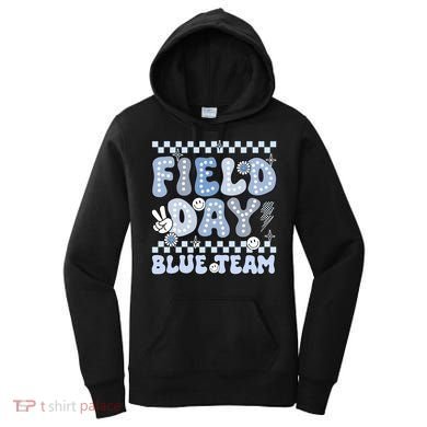 Field Day Blue Team Groovy Smile Face Checkered Students Women's Hoodie