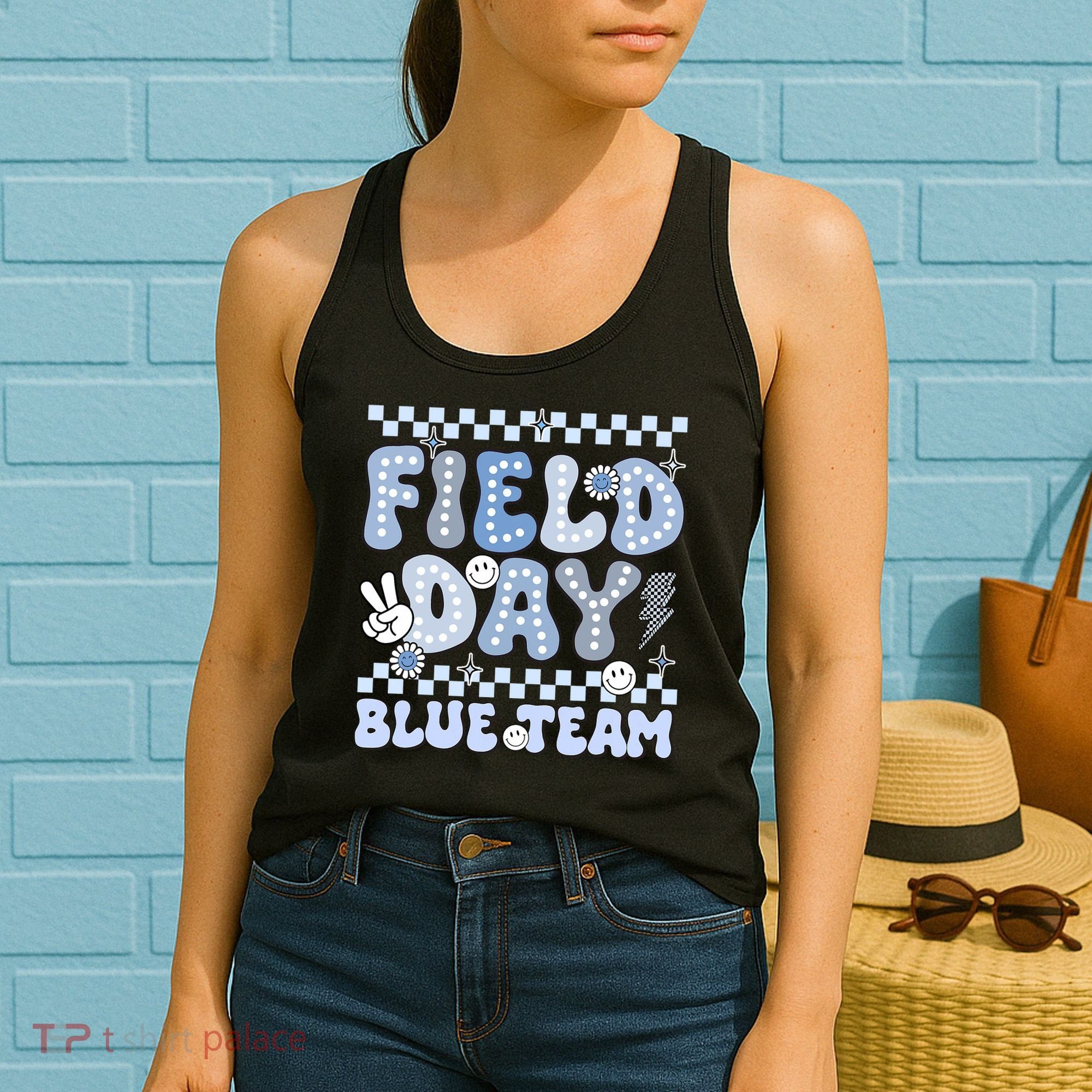 Field Day Blue Team Groovy Smile Face Checkered Students Women's Tank Top