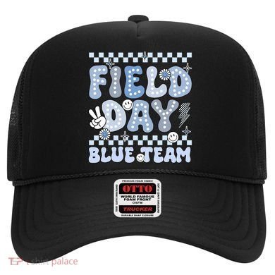 Field Day Blue Team Groovy Smile Face Checkered Students Hat