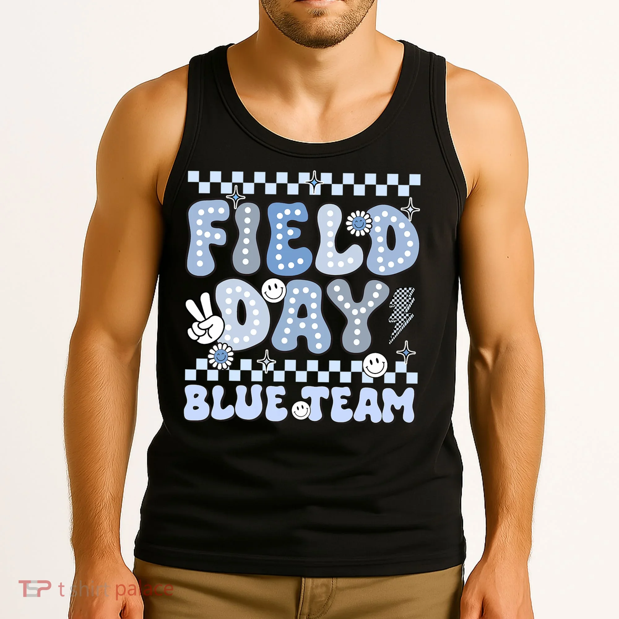 Field Day Blue Team Groovy Smile Face Checkered Students Tank Top
